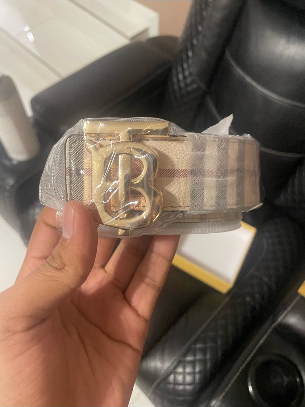 Burberry TB Monogram Buckle Check Belt - Beige & Gold